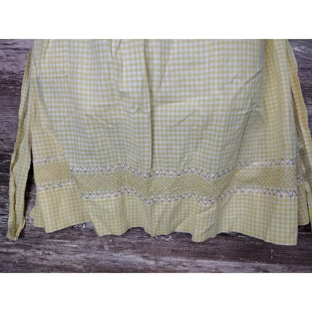 Vintage Half Apron Yellow White Gingham Rick Rack Trim 1950 Handmade Pocket MCM
